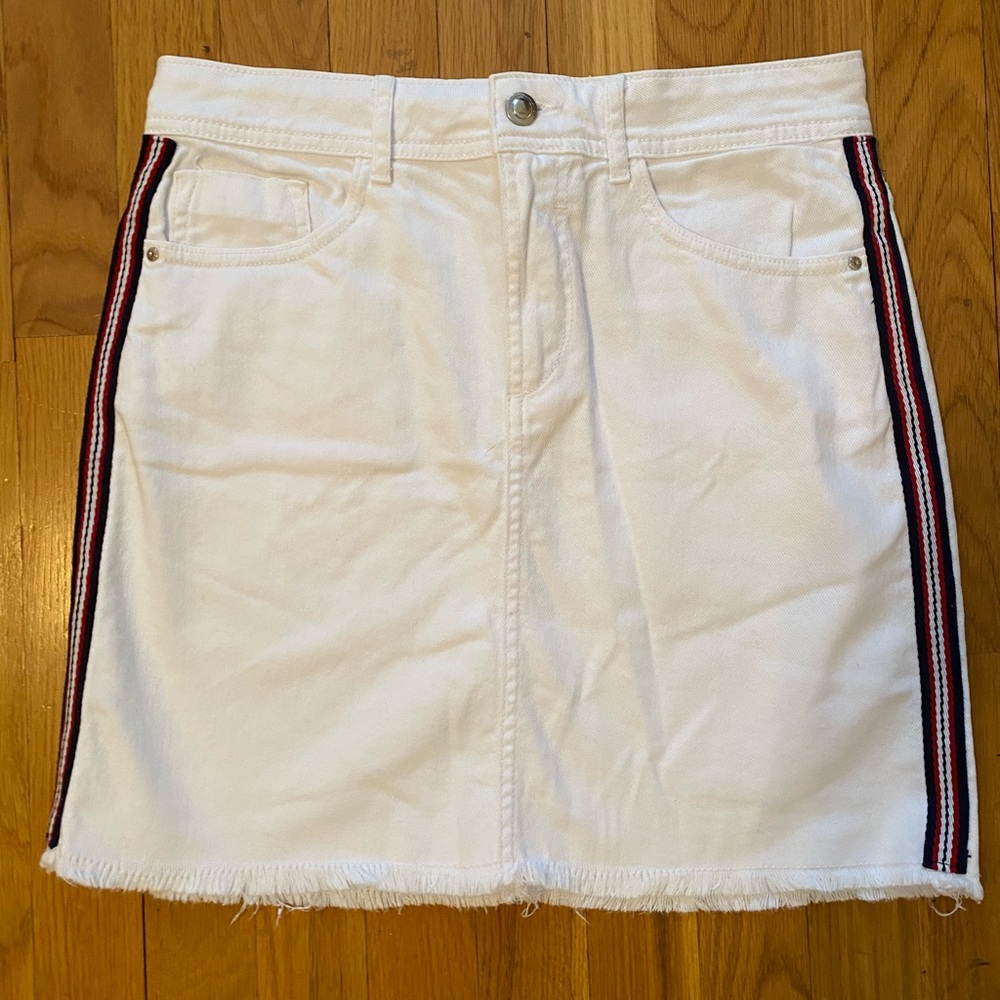 Zara White Denim Skirt with Side Stripe